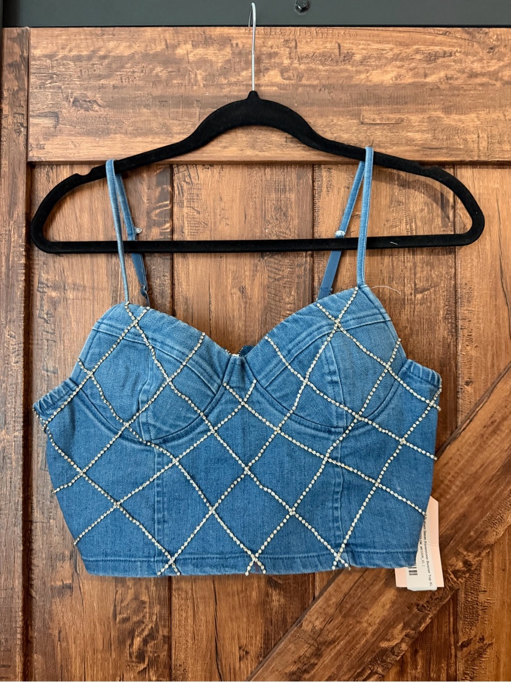 Beaded Denim Crop Cami Top - Blue